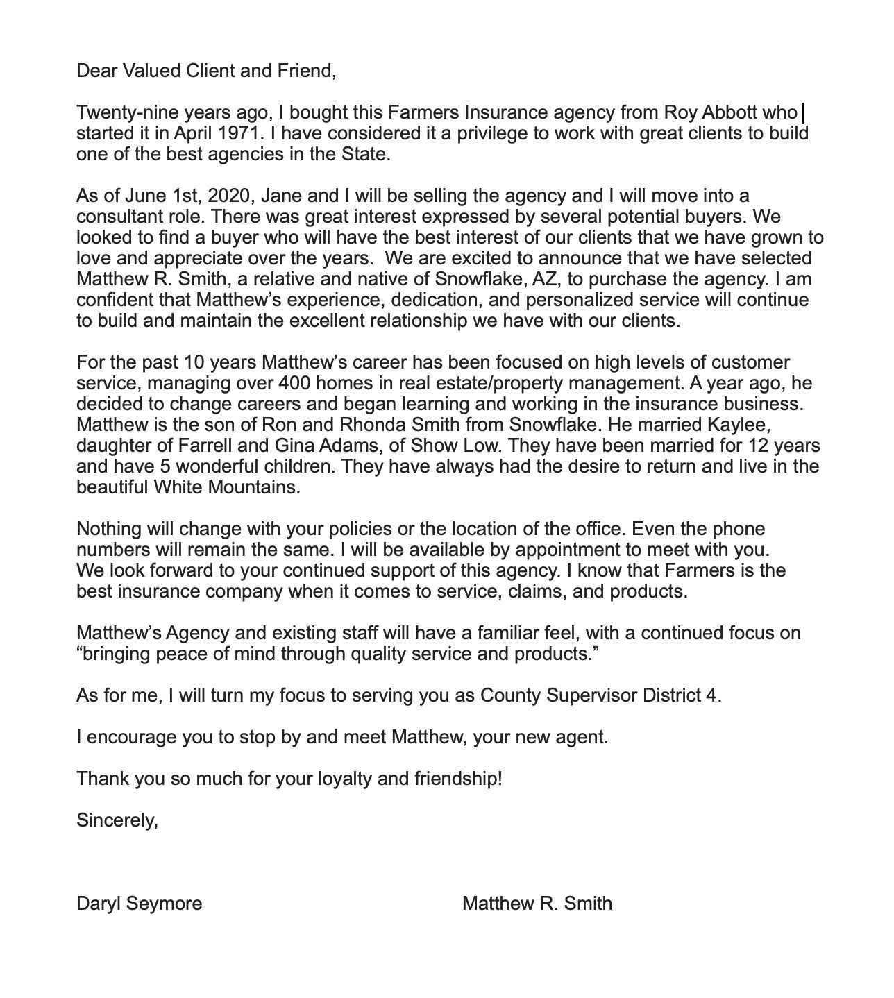 Letter sent to existing policy holders